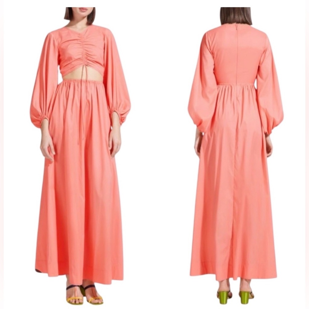 Staud Tangier Ruched Cutout Peach Maxi Dress XS Bishop Sleeves